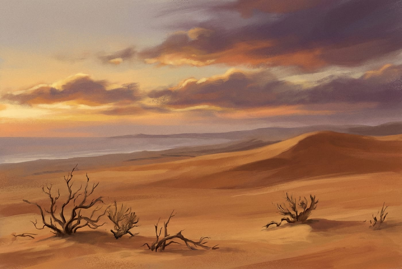 رسمٌ توضيحي لسهلٍ صحراوي تحت سماء فجرٍ مهيبة