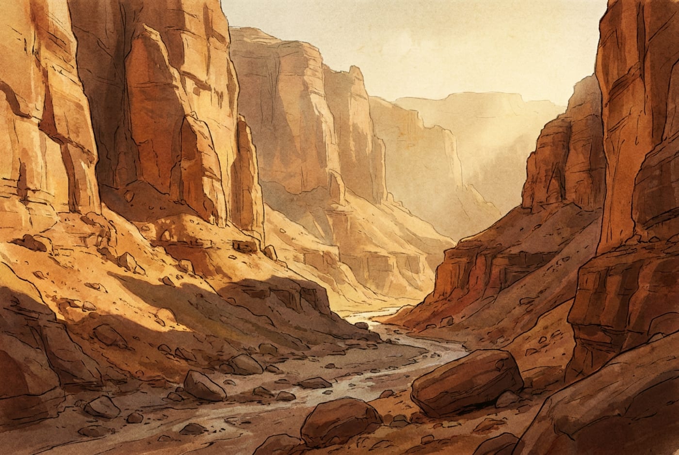 رسمٌ توضيحي لممرٍّ جبليٍّ ضيقٍ قاحل