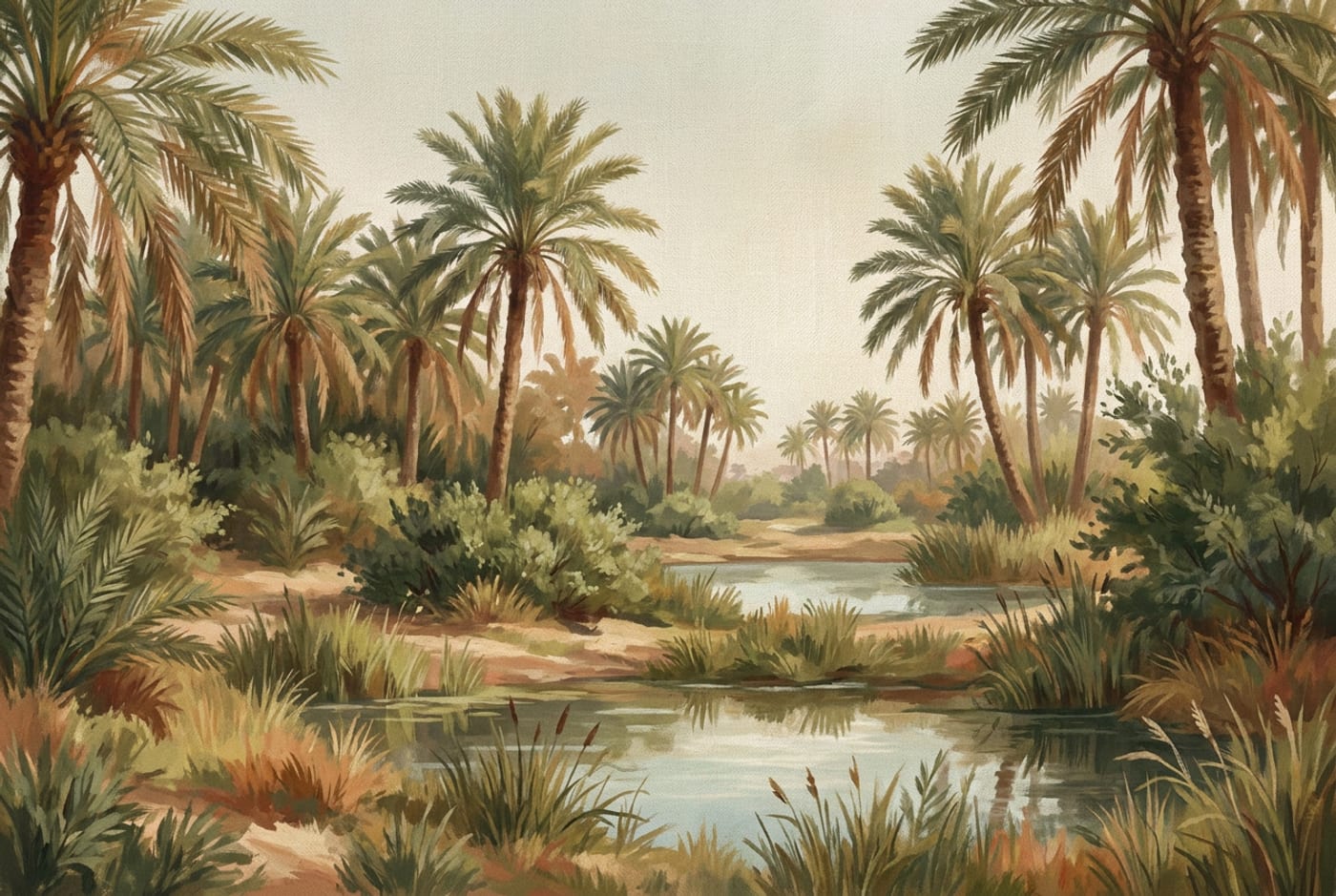 رسمٌ توضيحي لواحةٍ خضراء بنخيل التمر