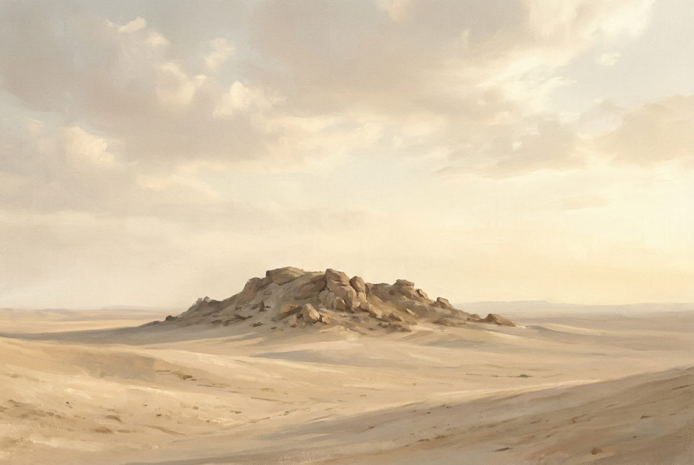 رسمٌ توضيحي لسهلٍ واسعٍ وادعٍ بتلّةٍ منخفضة