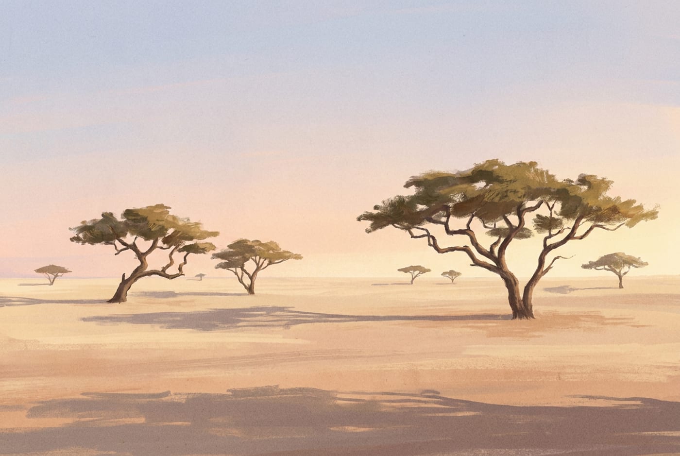 رسمٌ توضيحي لسهلٍ صحراوي هادئ بأشجار السَّمُر