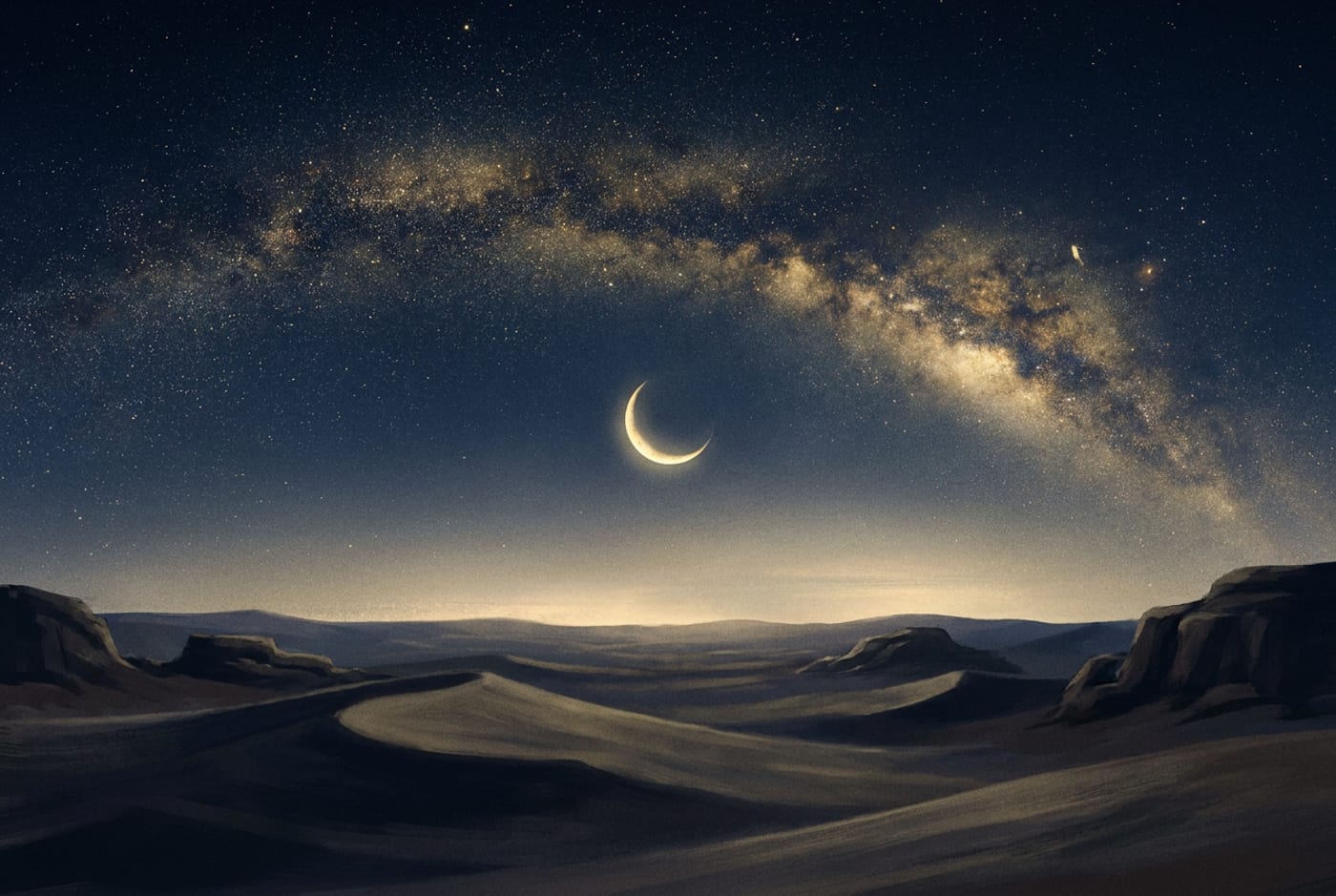 رسمٌ توضيحي لسماءٍ مرصّعة بالنجوم وهلالٍ فوق الصحراء