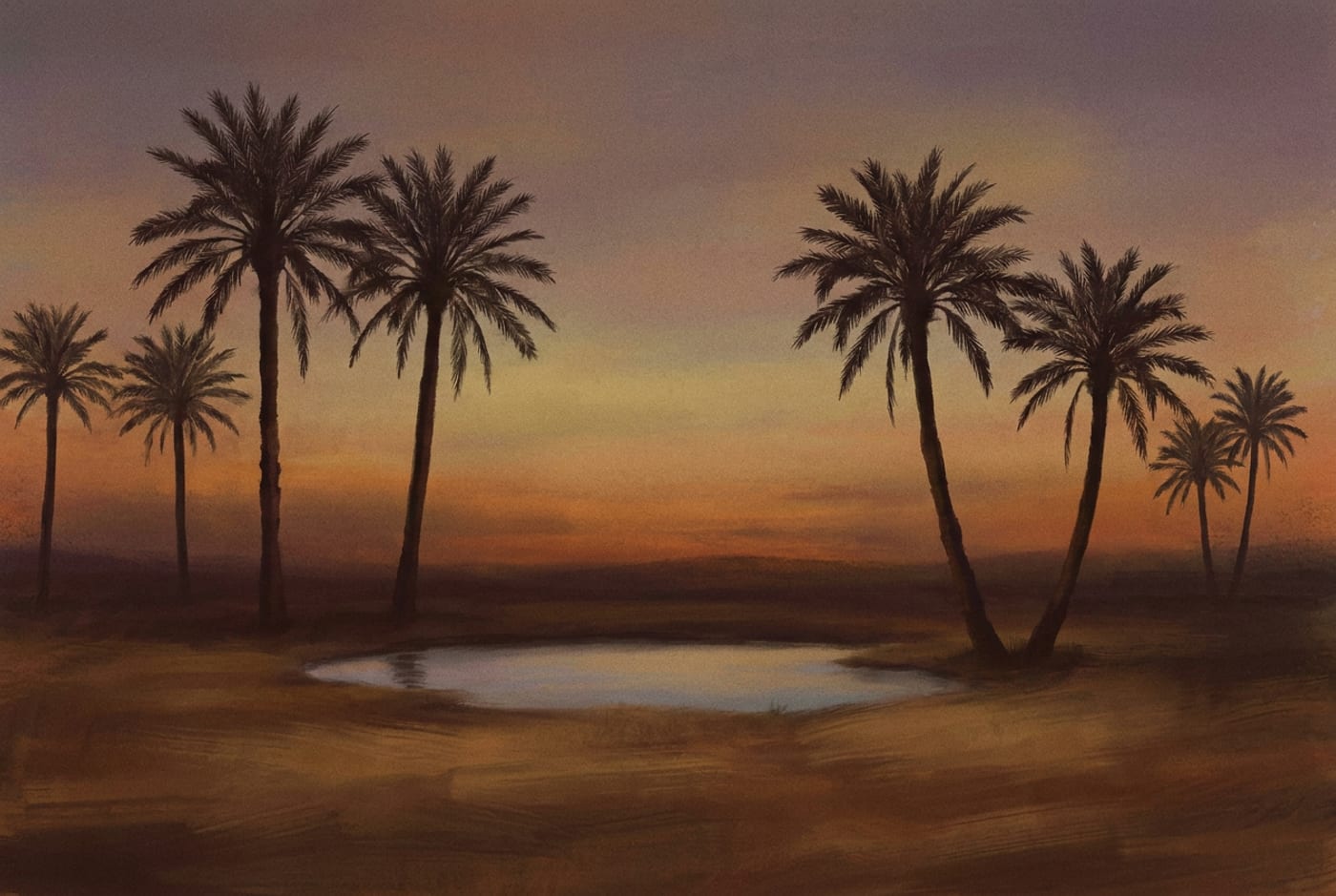 رسمٌ توضيحي لنخيل التمر في ظلالها عند الغروب
