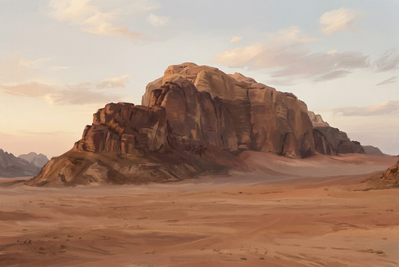 رسمٌ توضيحي لجبلٍ صخريٍّ أحمر فوق سهلٍ صحراوي